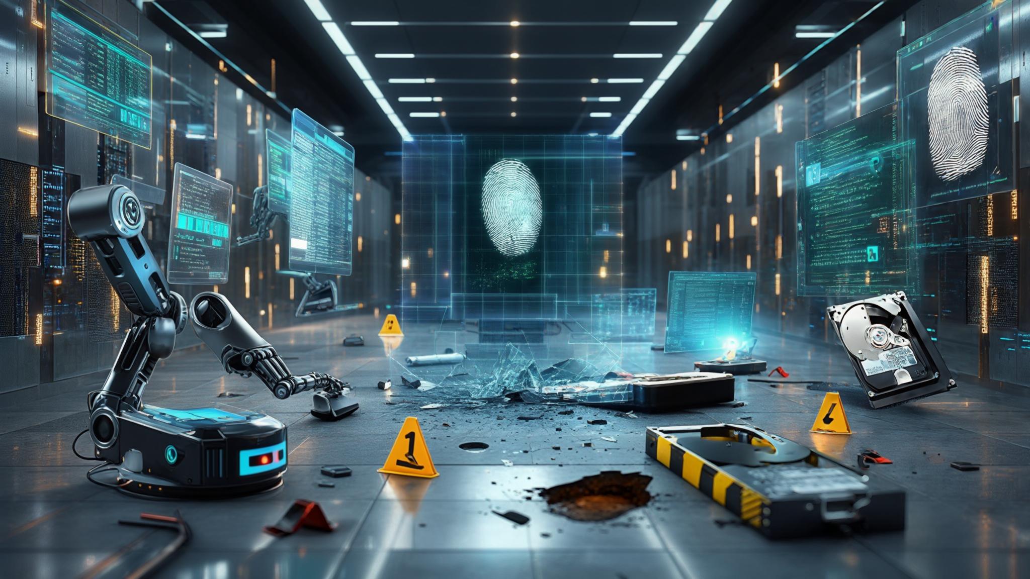 A futuristic digital forensic lab with robotic arms analyzing cybercrime evidence, including broken hard drives and holographic data, symbolizing cybersecurity investigations and legal enforcement.