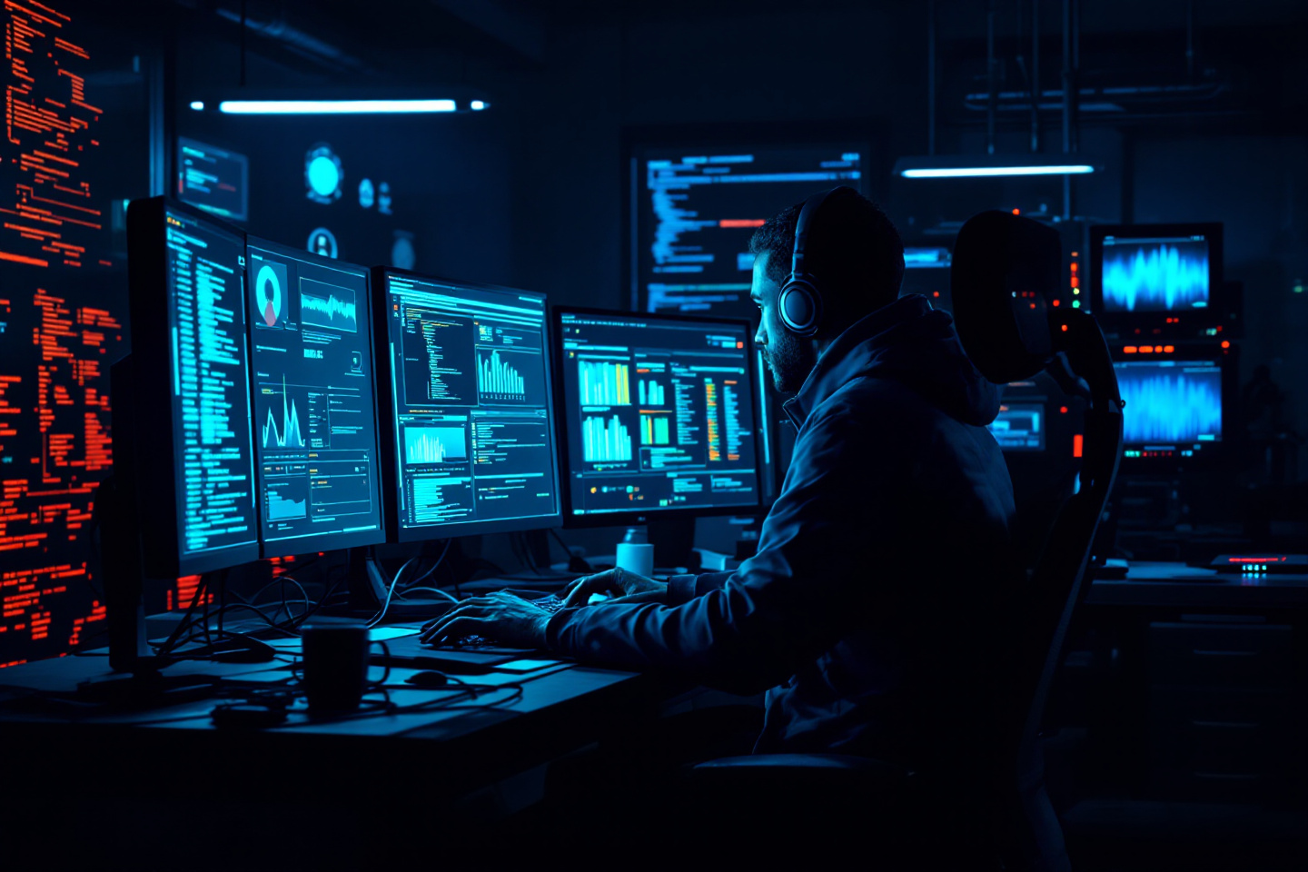 A cyber forensics expert analyzing digital evidence on multiple screens in a high-tech security operations center, investigating cybersecurity threats and digital crimes.