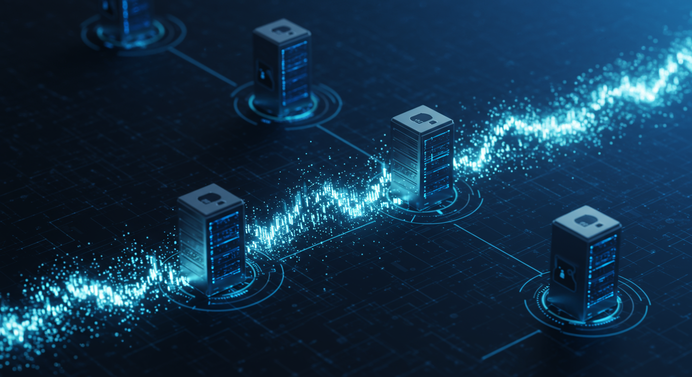 A digital representation of interconnected servers transmitting secure data, symbolizing the legal framework around data protection, cybersecurity laws, and privacy compliance.