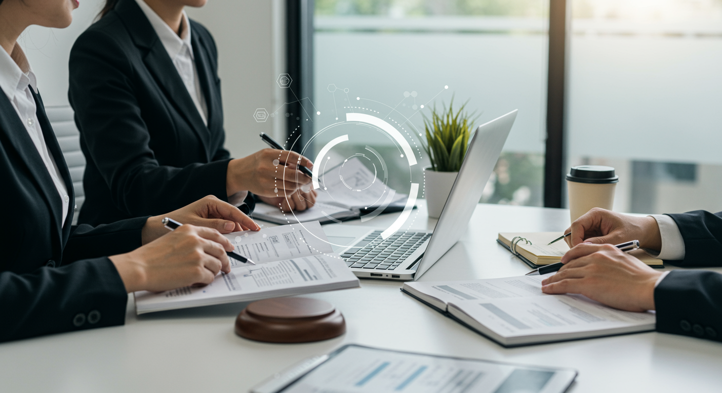 A group of business professionals in formal attire reviewing legal documents and cybersecurity compliance reports, symbolizing the importance of regulatory compliance for startups in the digital age