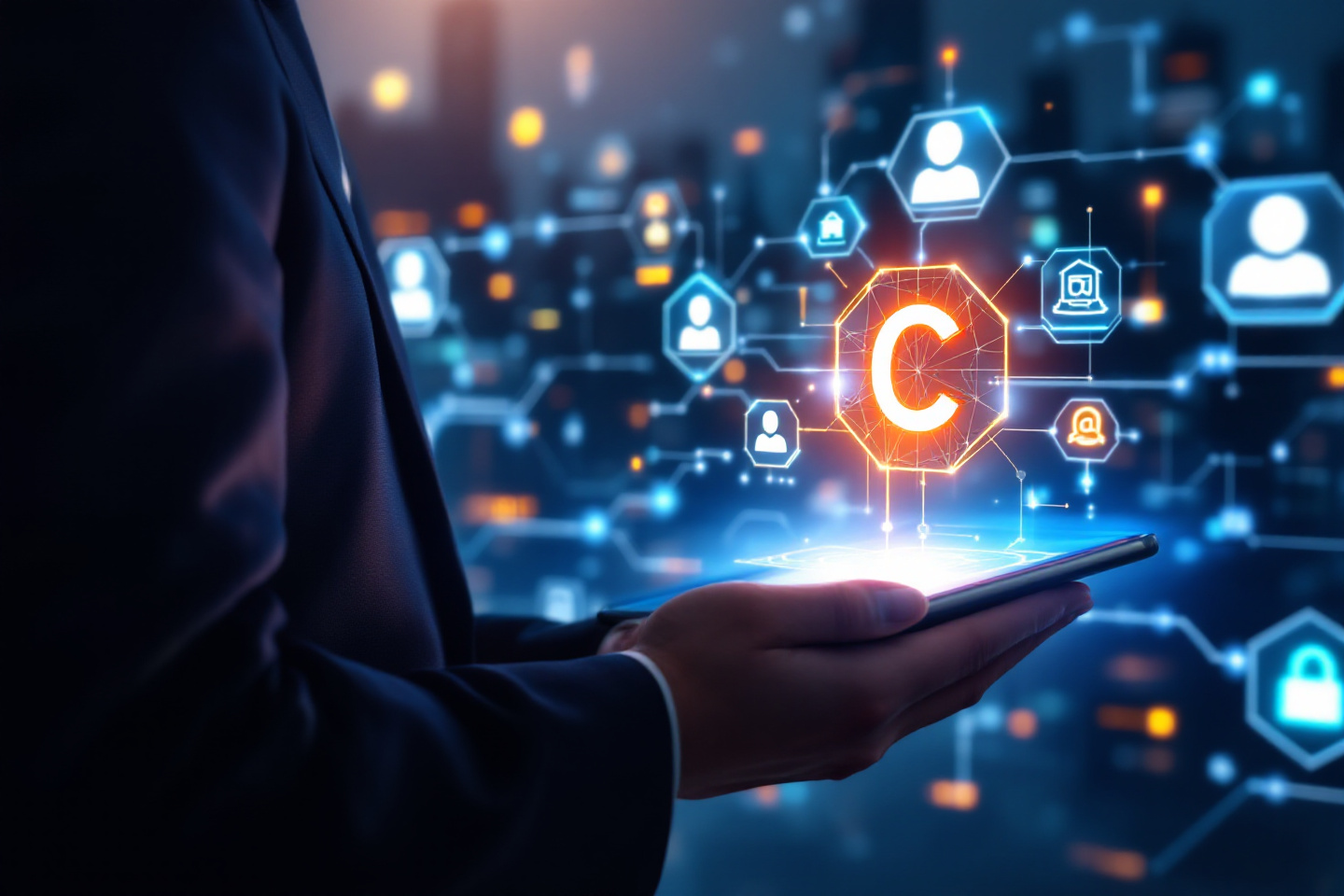 A law professional holding a digital device with a futuristic copyright symbol, representing intellectual property rights, copyright law, and digital innovation protection in the modern era